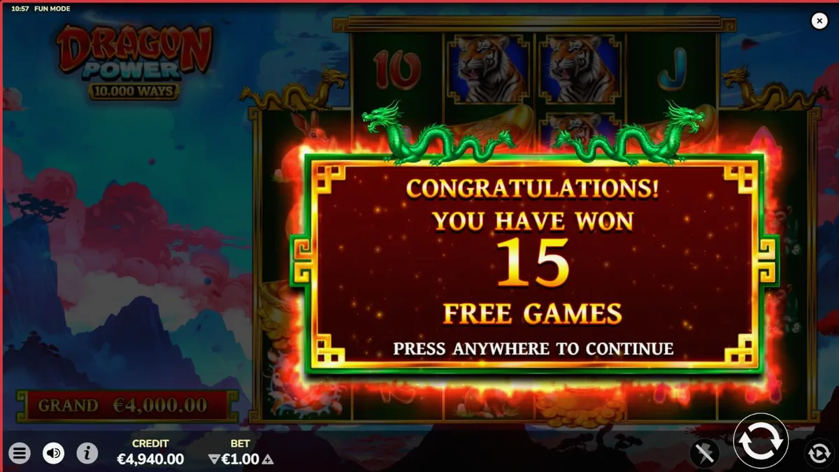 Dragon Power 10,000 Ways slot game screen na may temang Asian at mga gintong dragon.